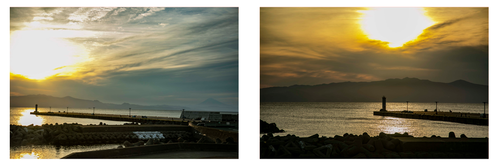 夕陽が沈む海と、灯台などのシルエット。構図では、空と海の比率を多く撮ることで、沈む夕陽にも存在感を持たせて見た。1:1は避けたい。