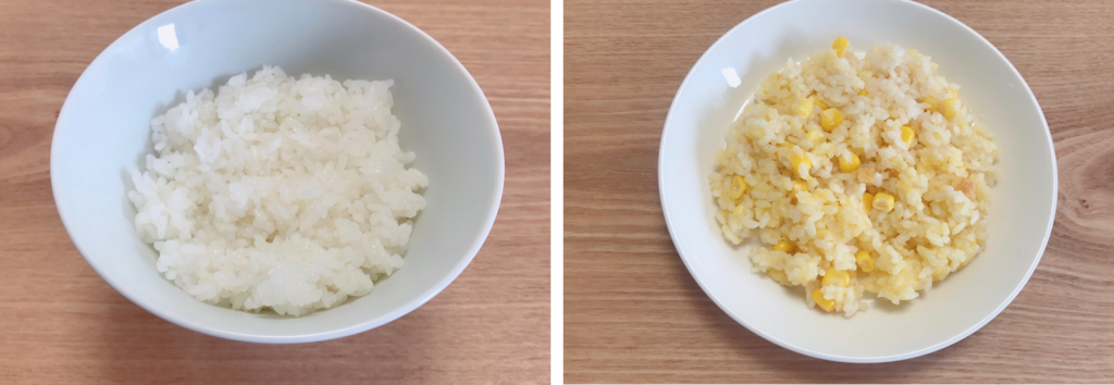 左は白米、右は付属のレシピで作ったコーンご飯。